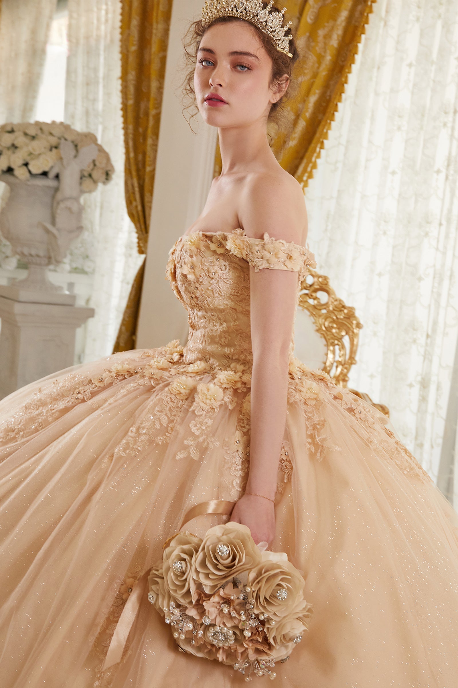 Champagne off-shoulder ball gown with lace floral details and full tulle skirt