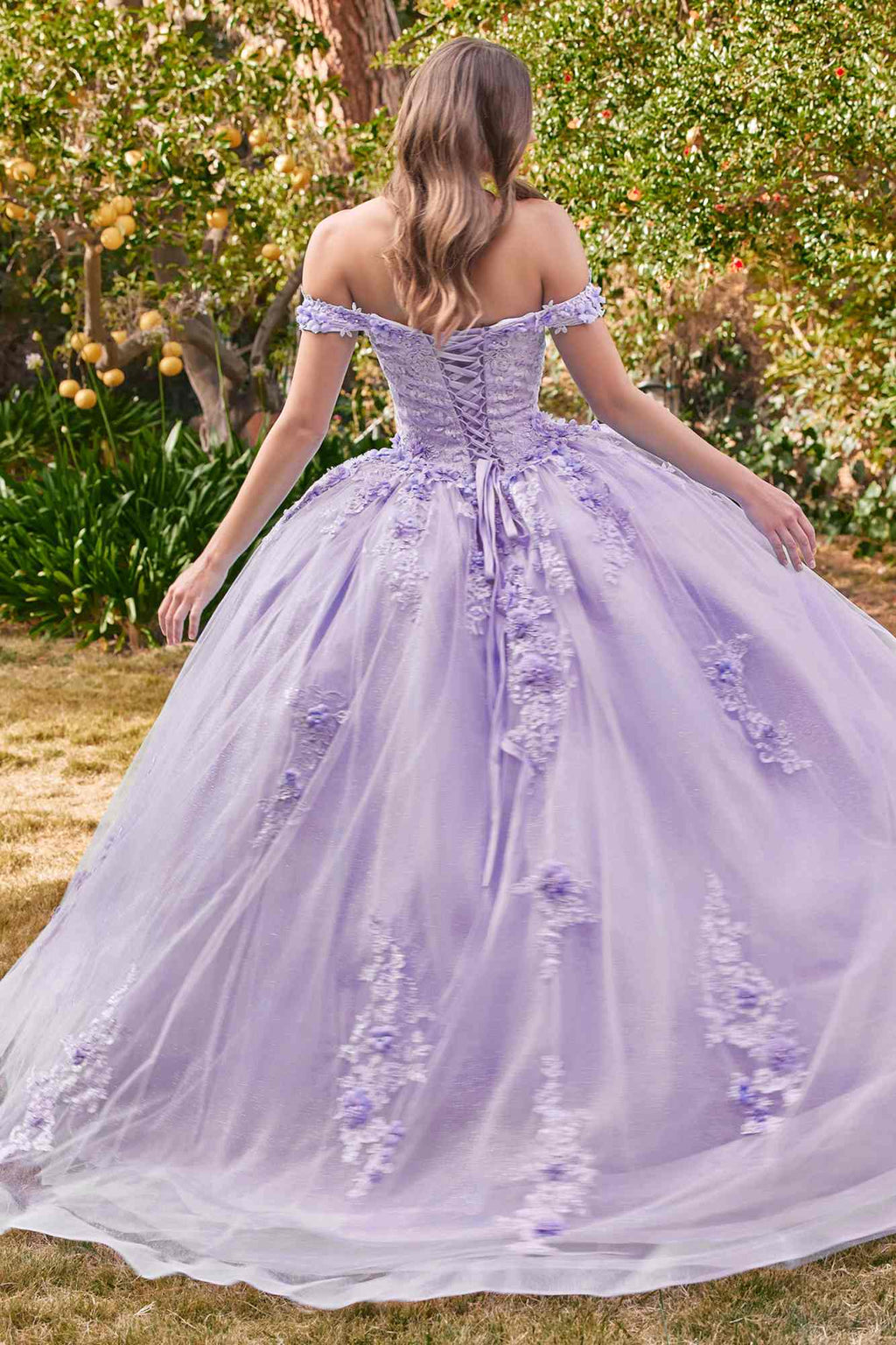 Lavender off-shoulder ball gown with sheer back and lace-up detail, full tulle skirt