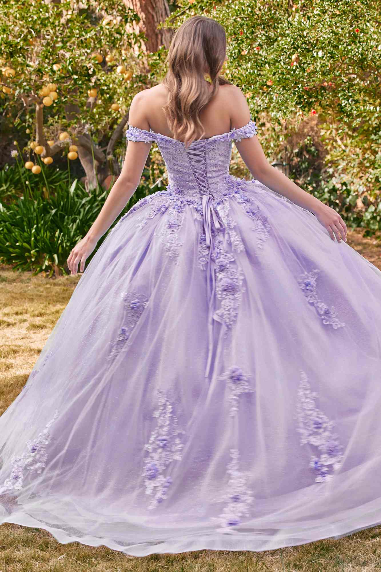 Lavender off-shoulder ball gown with sheer back and lace-up detail, full tulle skirt