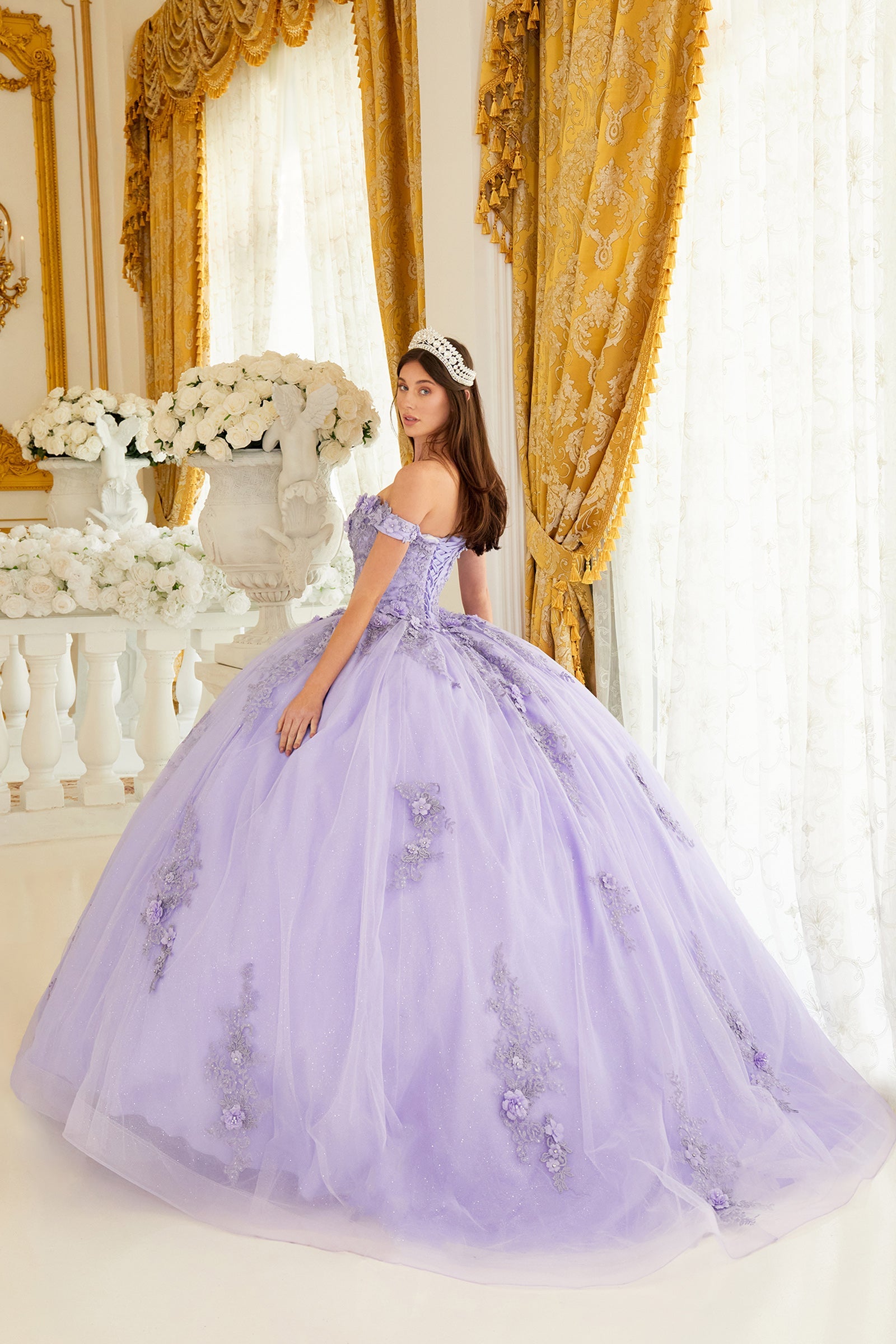 Lavender off-shoulder ball gown with ruffled neckline, embroidered bodice, full tulle skirt