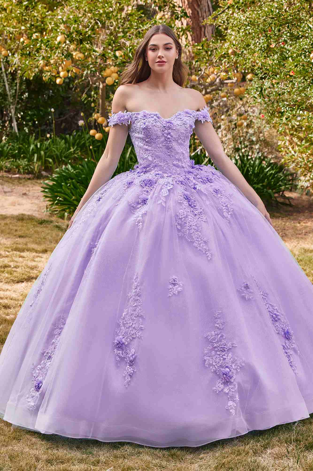 Lavender off-shoulder floral ball gown with puff sleeves and voluminous tulle skirt