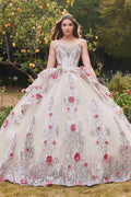 Champagne tulle ball gown with lace bodice, layered skirt, floral appliques
