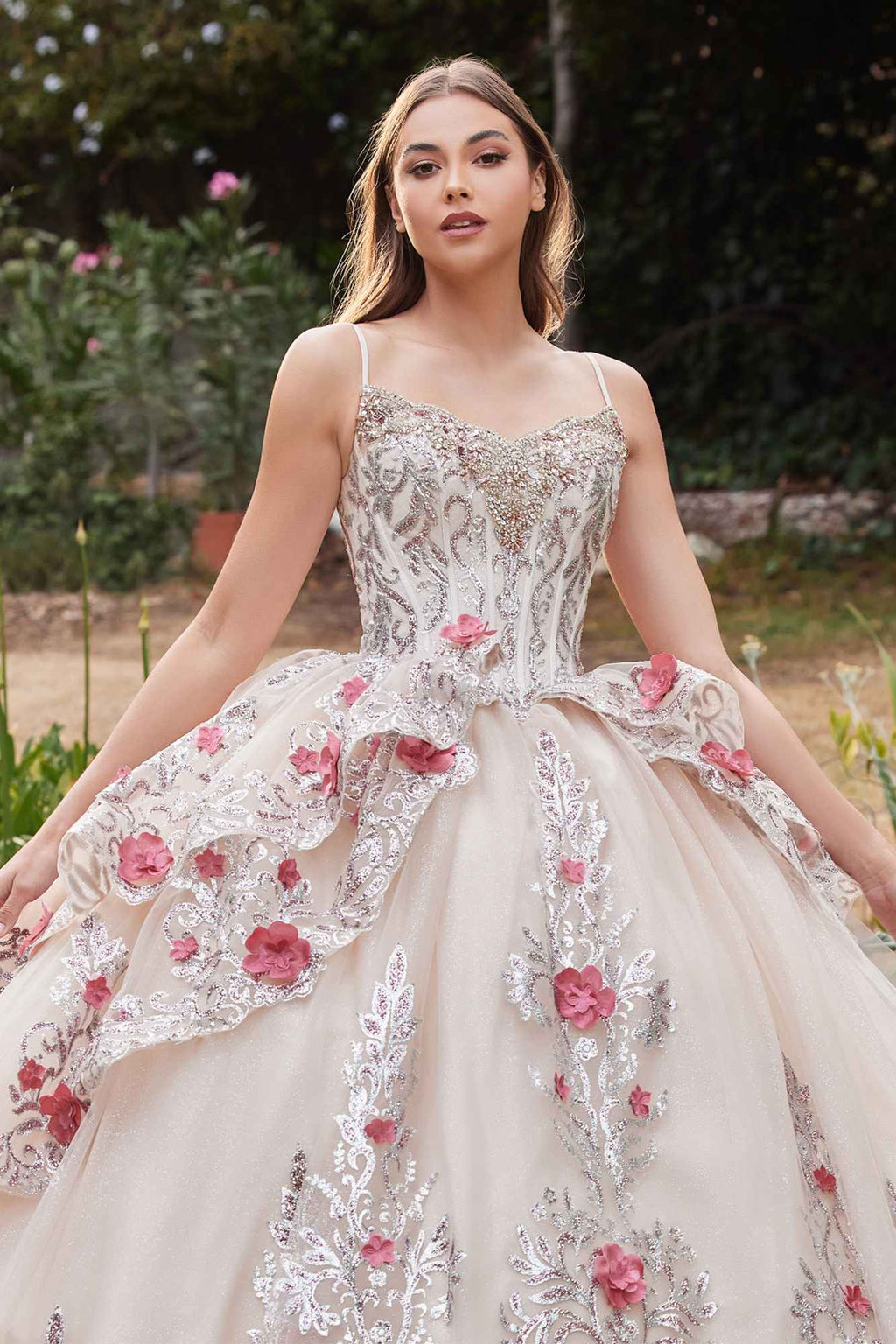 Champagne lace bodice ball gown with spaghetti straps, layered tulle skirt, floral appliques