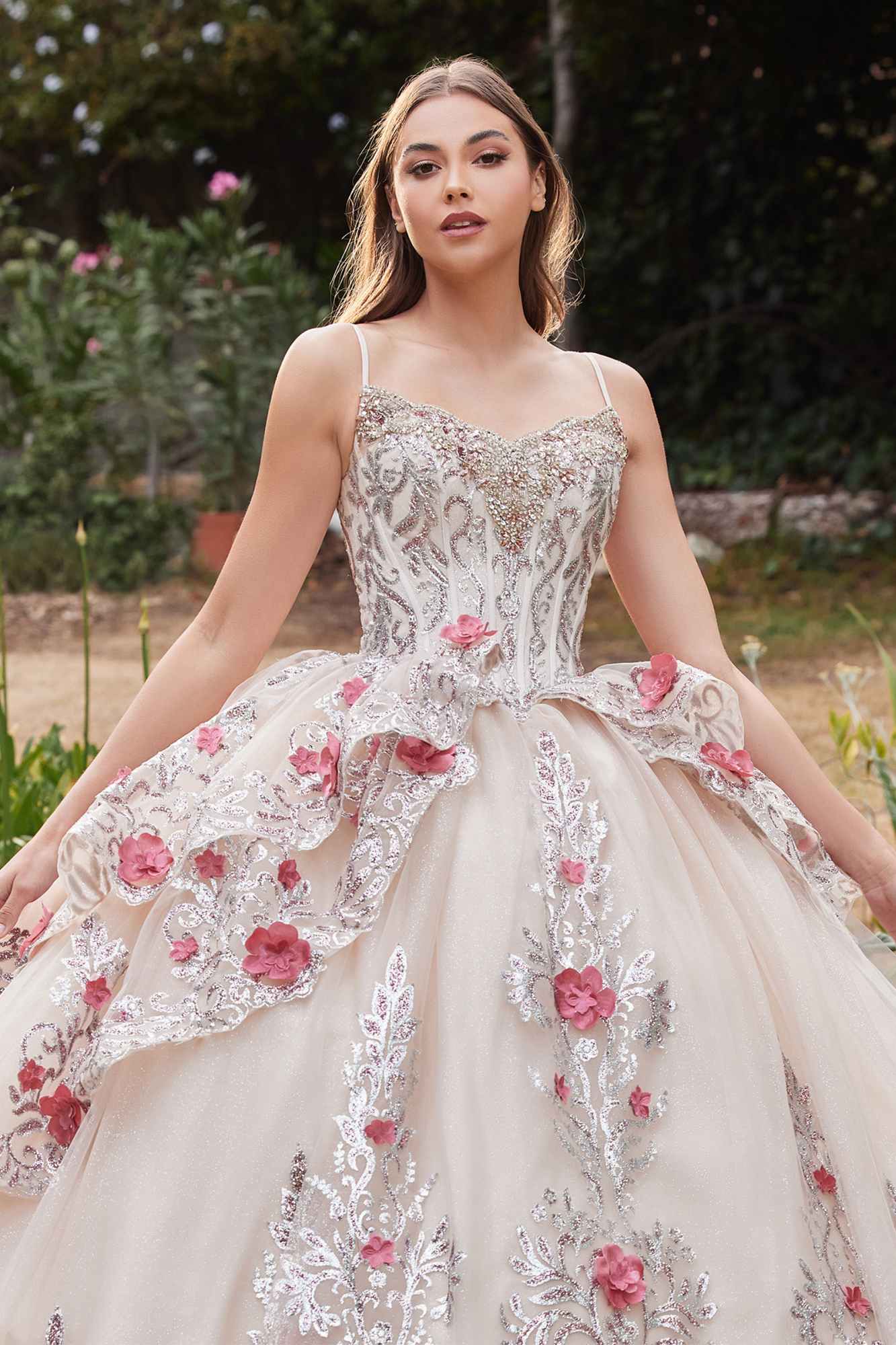 Champagne lace bodice ball gown with spaghetti straps, layered tulle skirt, floral appliques