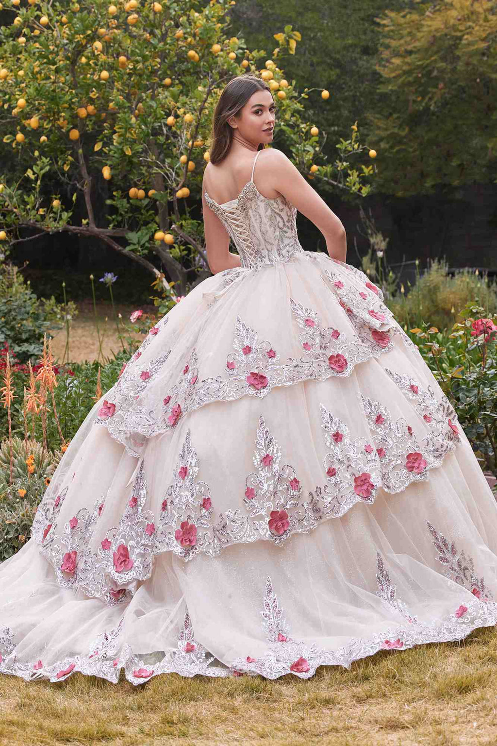 Champagne tulle ball gown, lace corset bodice, layered ruffles, pink floral appliques