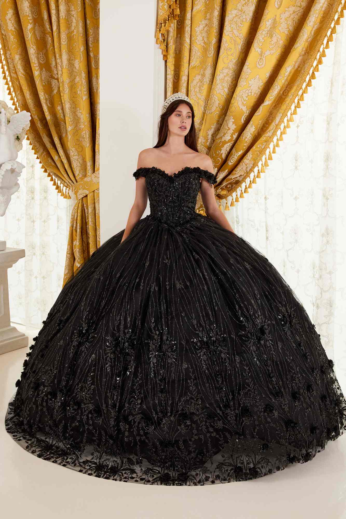 Black off-shoulder embroidered ball gown with structured bodice and full tulle skirt
