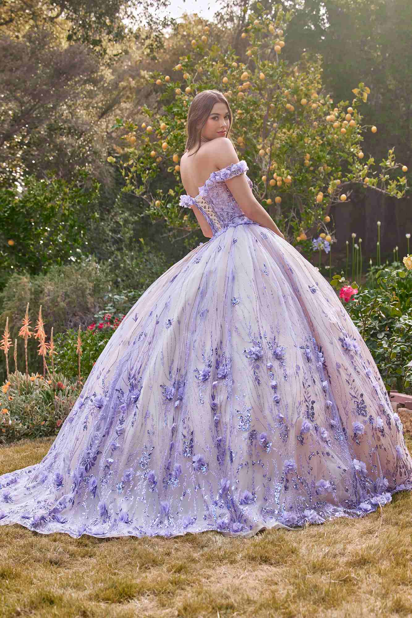 Lilac off-shoulder floral ball gown with sparkly detail and wide flowing skirt