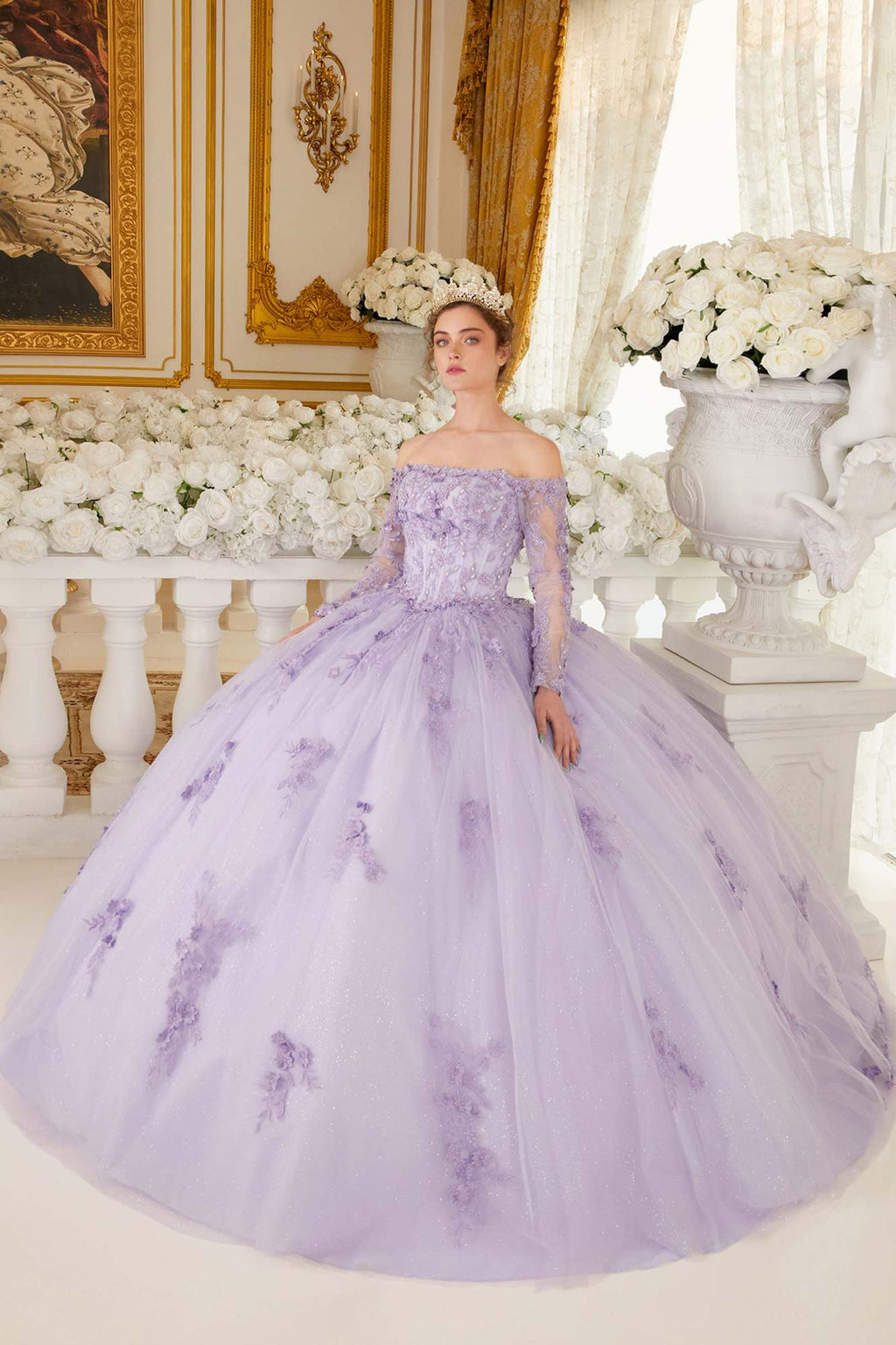 Lilac off-shoulder lace ball gown with long sleeves and full tulle skirt