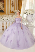 Lilac off-shoulder lace ball gown with long sleeves and full tulle skirt