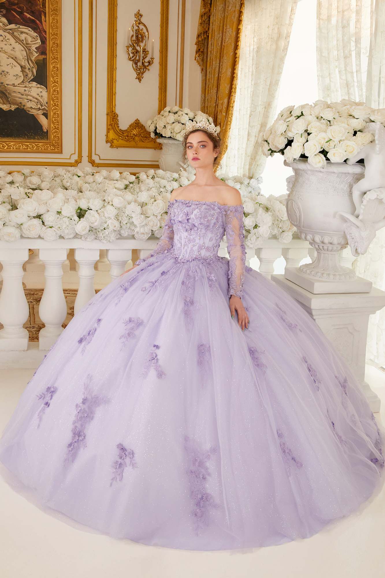 Lilac off-shoulder lace ball gown with long sleeves and full tulle skirt
