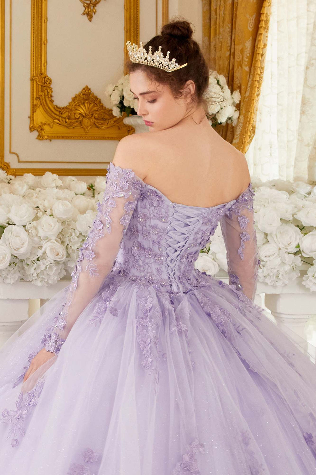 Lilac off-shoulder lace ball gown with long sheer sleeves and voluminous tulle skirt