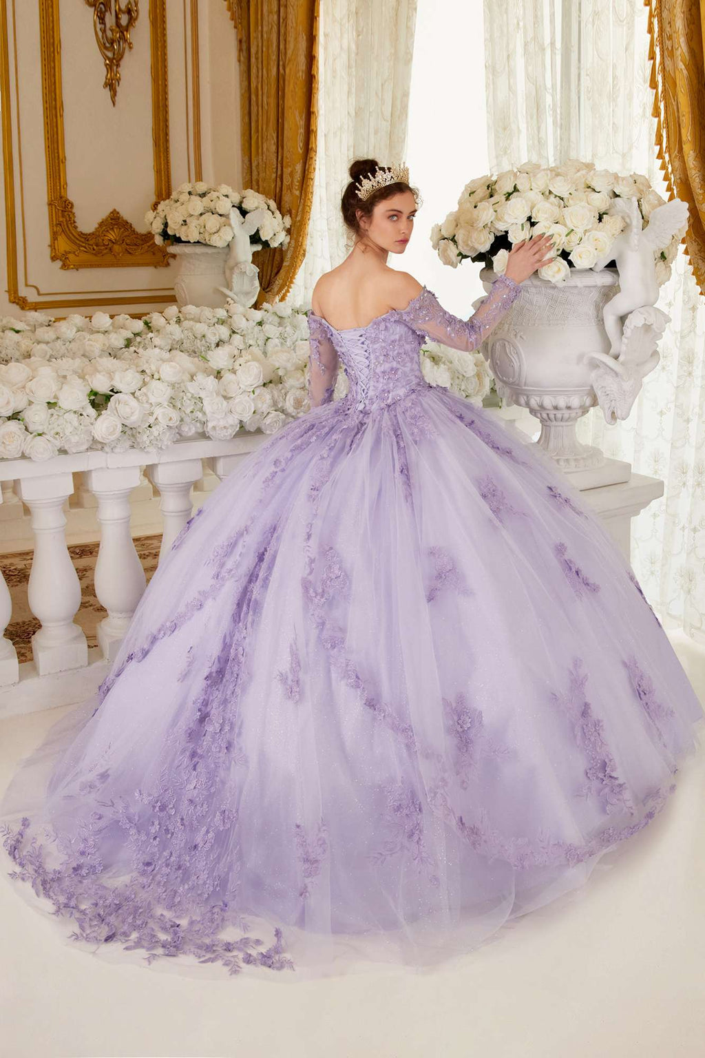 Lilac off-shoulder lace ball gown with long sleeves, full flared tulle skirt
