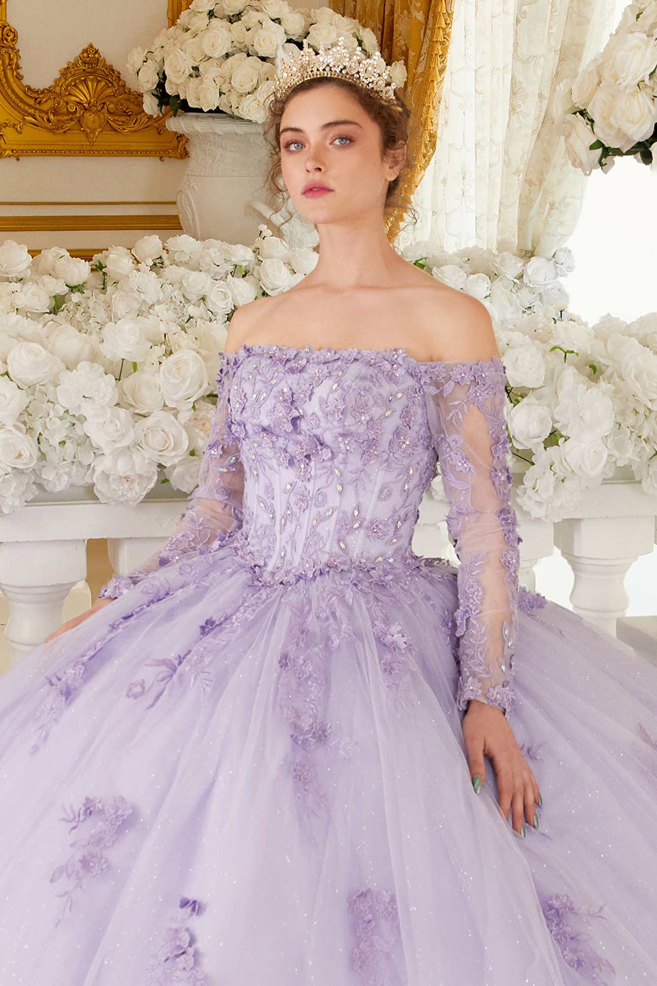 Lilac off-shoulder lace long-sleeve ball gown with fitted lace bodice and tulle skirt