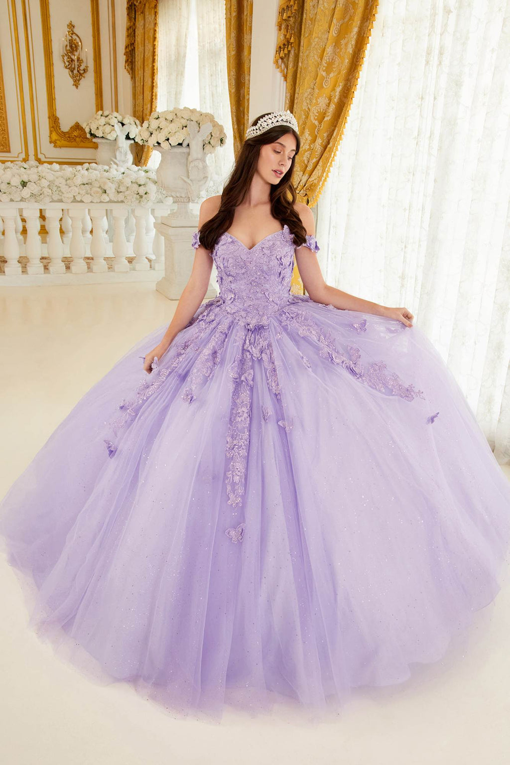 Lavender tulle ball gown with lace appliques, layered skirt, off-shoulder neckline