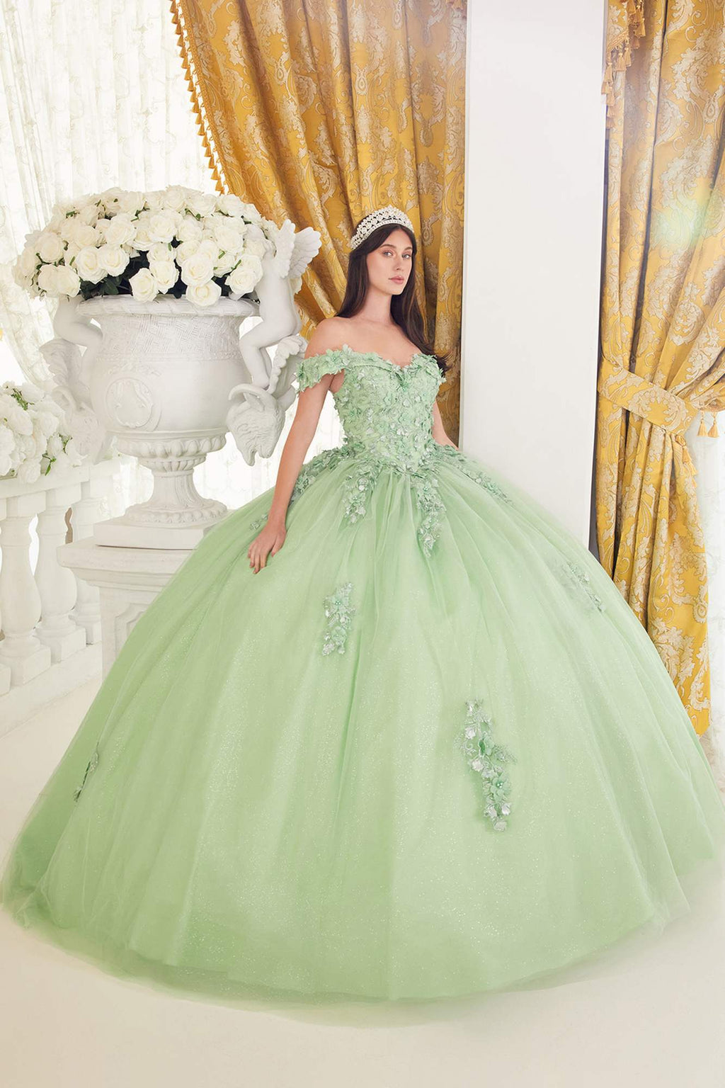 Greenery off-shoulder lace layered tulle ball gown with floral appliques, full skirt