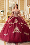 Burgundy off-shoulder ball gown with ornate gold lace appliques and glitter tulle