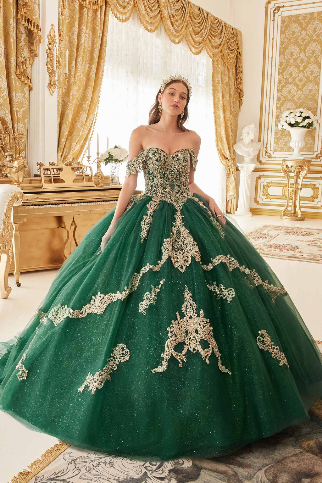 Emerald green off-shoulder A-line ball gown with ornate gold lace embroidery