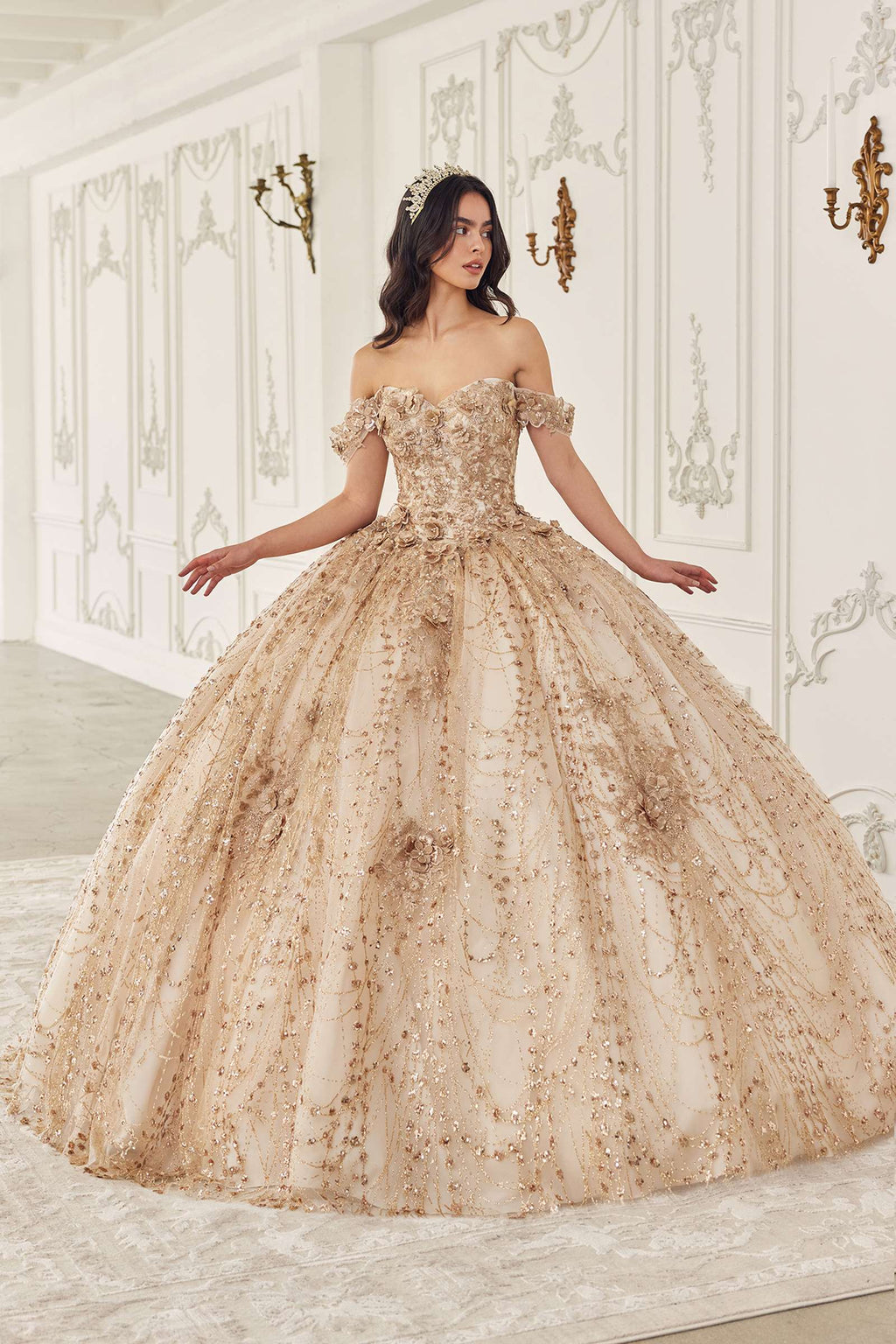 Champagne off-shoulder corset quinceanera dress with lace bodice and full poofy skirt