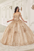 Champagne off-shoulder corset quinceanera dress with lace bodice and full poofy skirt