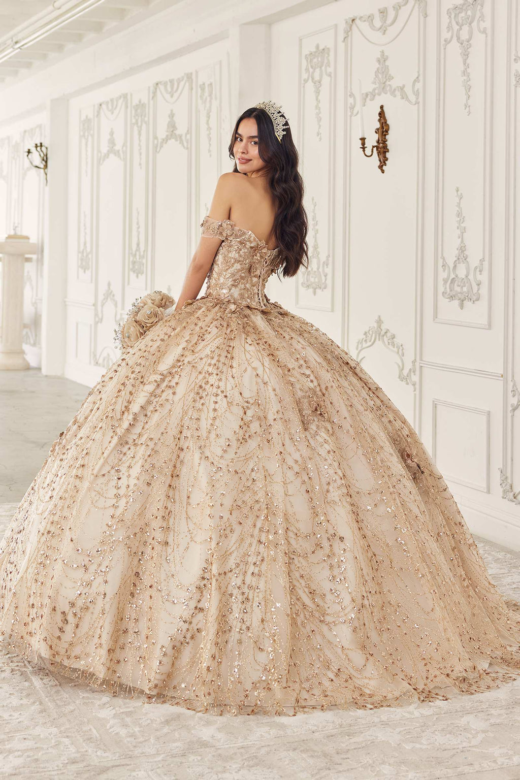 Champagne off-shoulder corset quinceanera dress with lace bodice and tiered full skirt