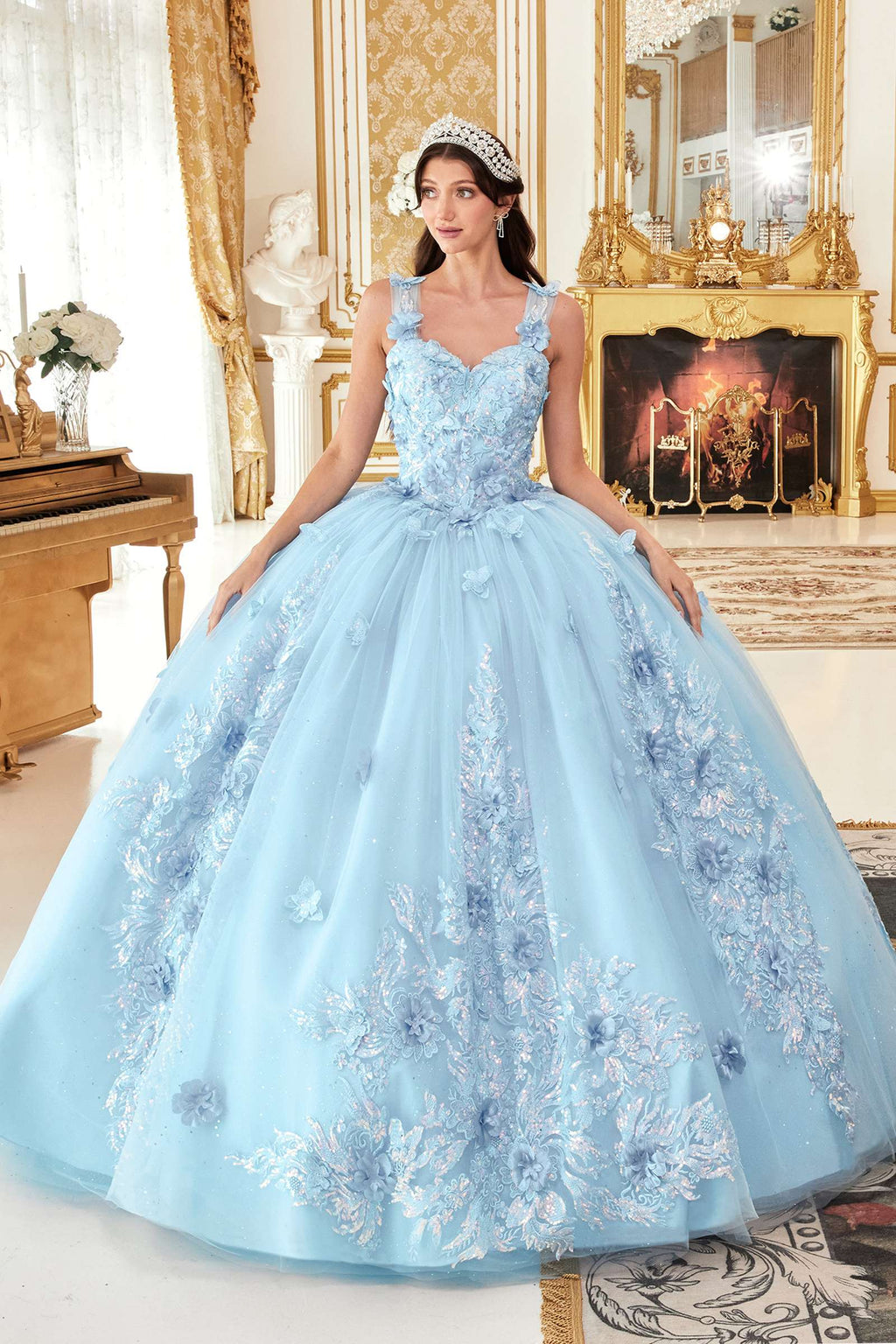 Light blue off-shoulder A-line ball gown with floral appliques on bodice and full skirt