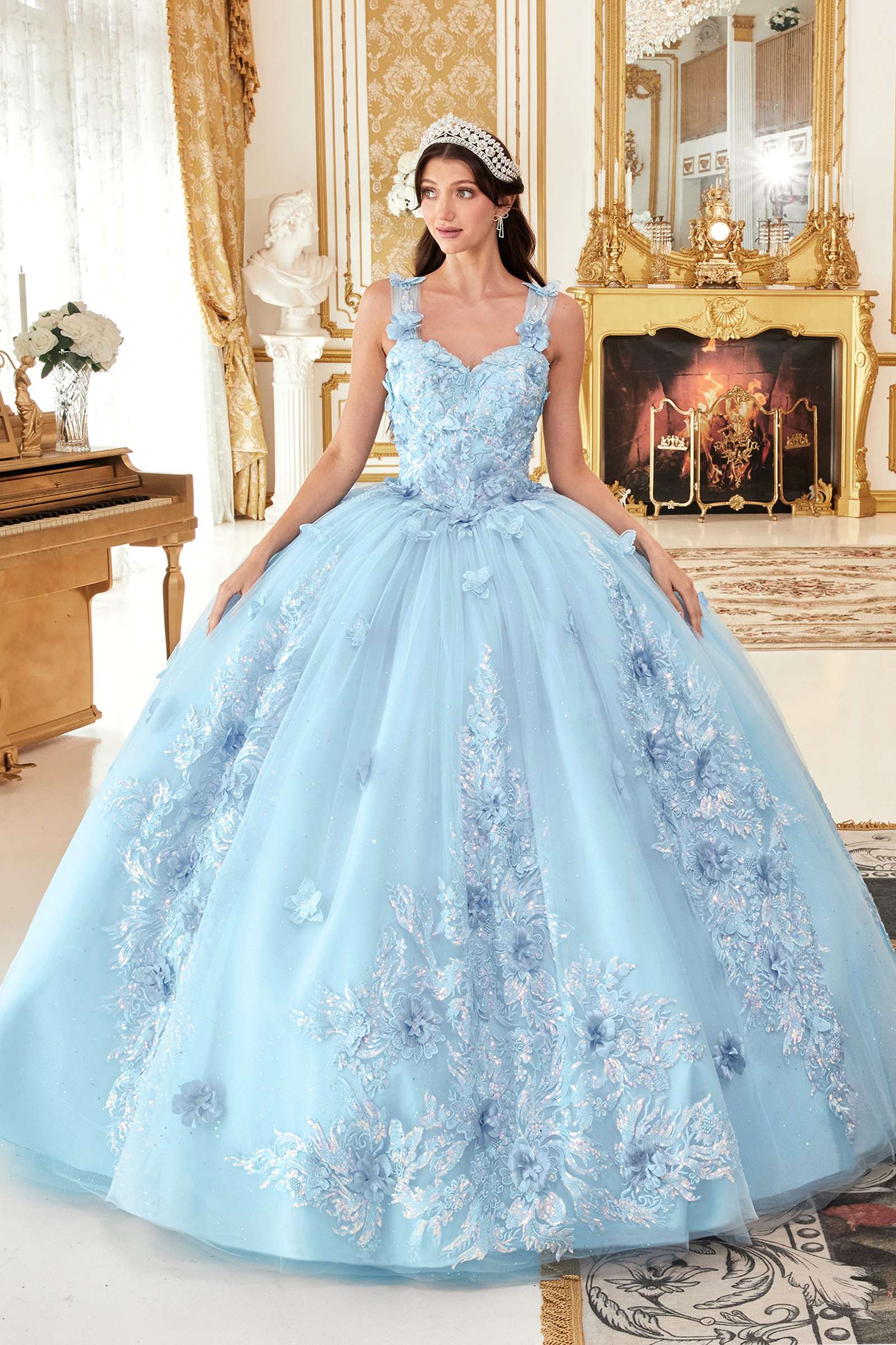 Light blue off-shoulder A-line ball gown with floral appliques on bodice and full skirt