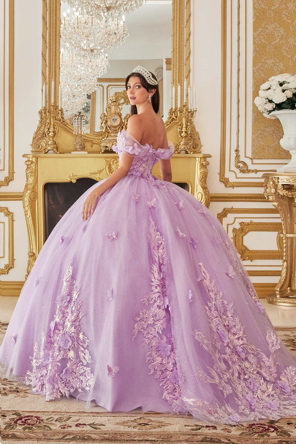 Lavender off-shoulder A-line ball gown with sparkling floral applique and voluminous skirt