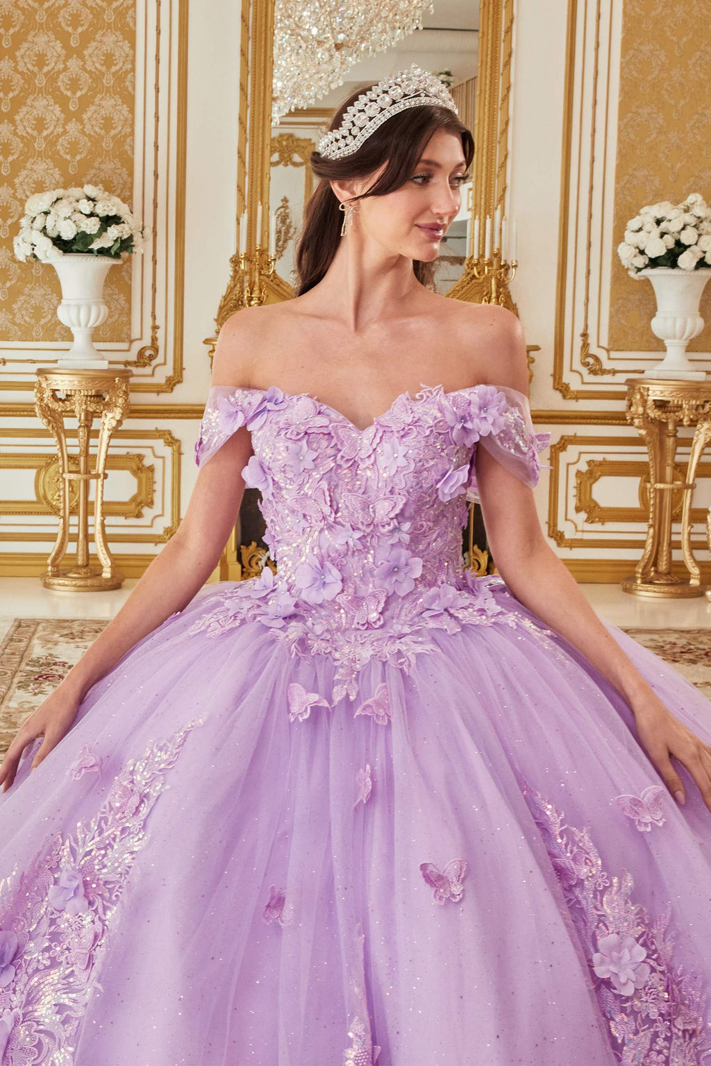 Lavender off-shoulder ball gown with floral applique bodice and glittery tulle skirt