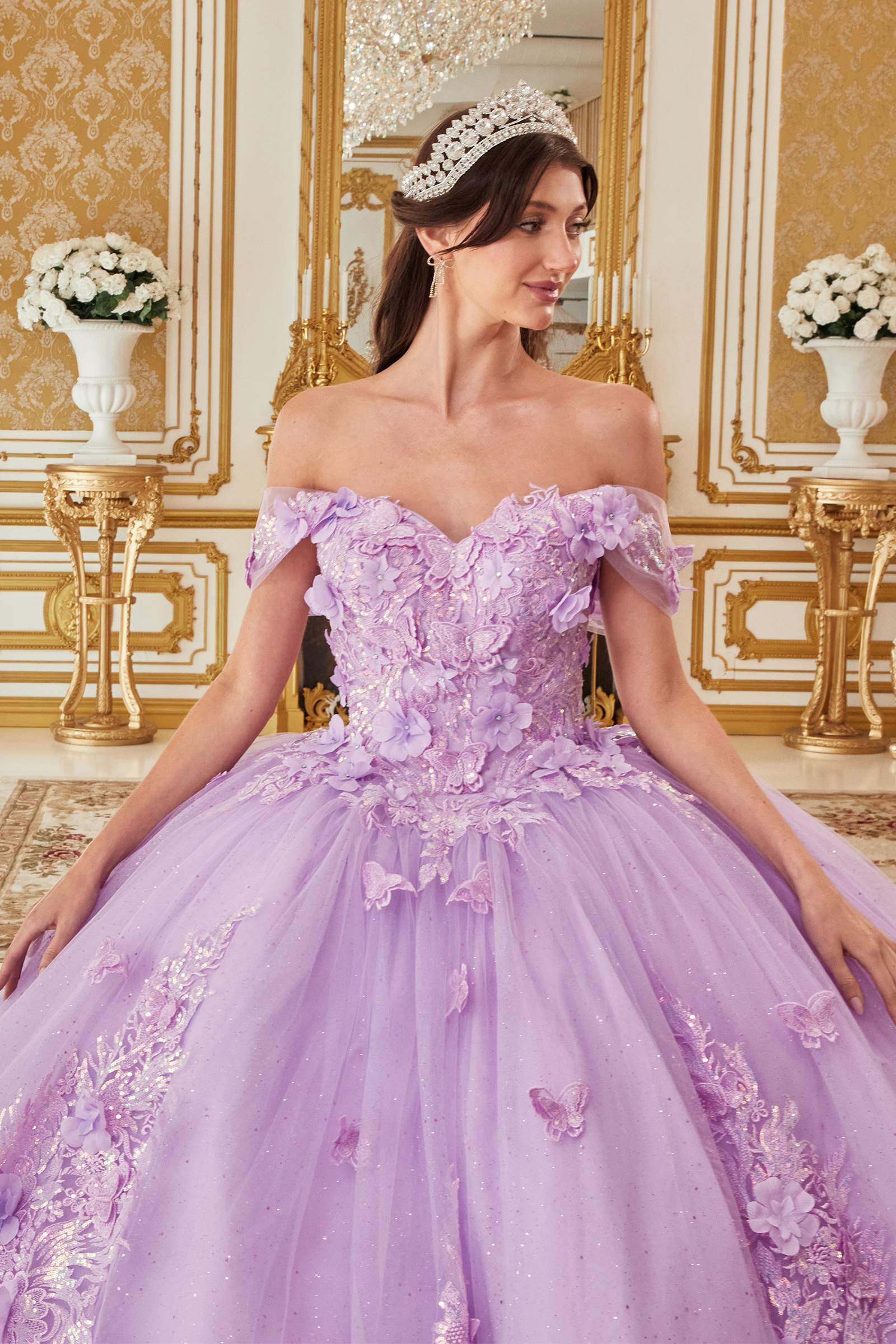 Lavender off-shoulder ball gown with floral applique bodice and glittery tulle skirt