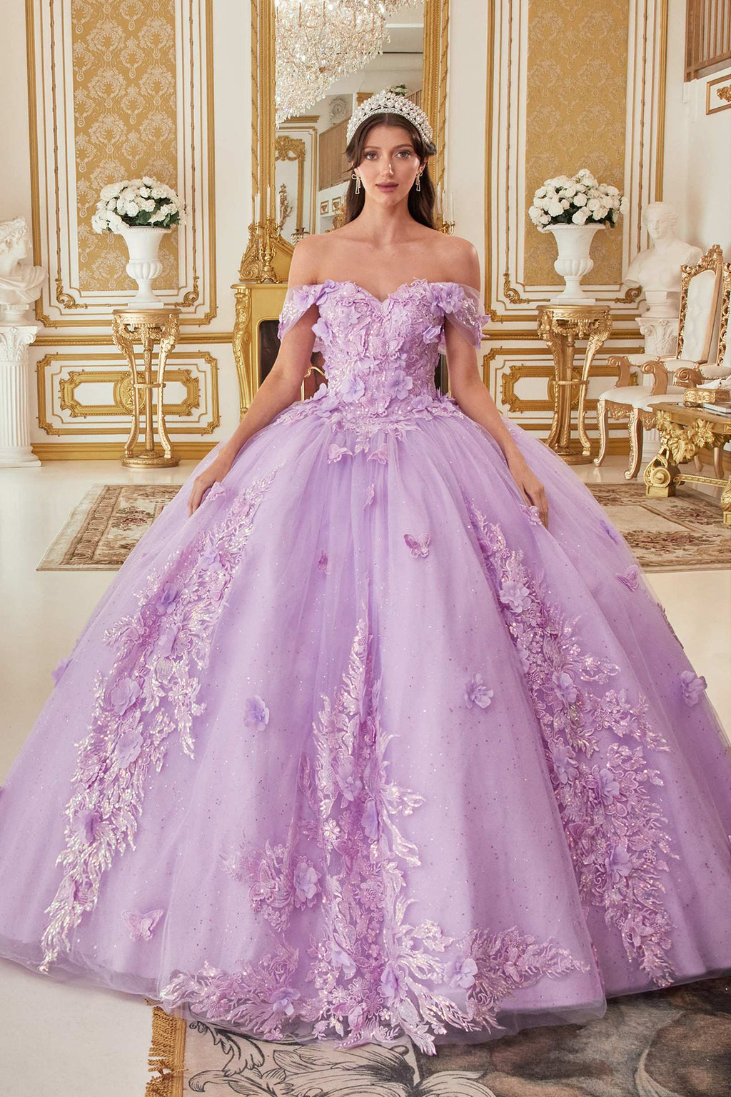 Lavender off-shoulder A-line ball gown with floral applique bodice and ruffled full skirt