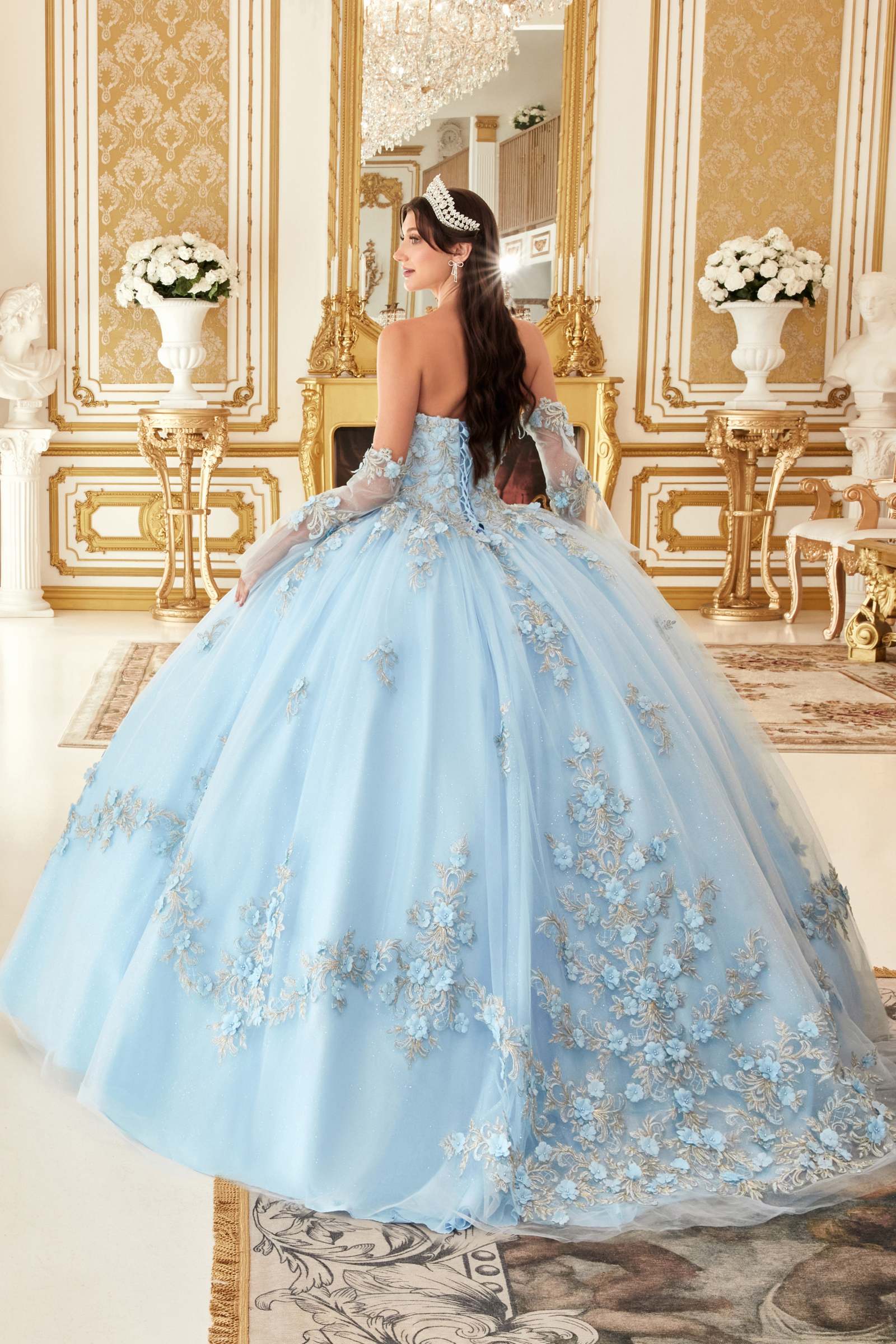 Light blue ballgown viewed from back with lace floral embroidery and matching gloves