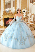 Light blue strapless ballgown with 3D floral lace details and elbow-length gloves