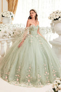 Green off-shoulder A-line ballgown with floral lace appliqué and tulle sleeves