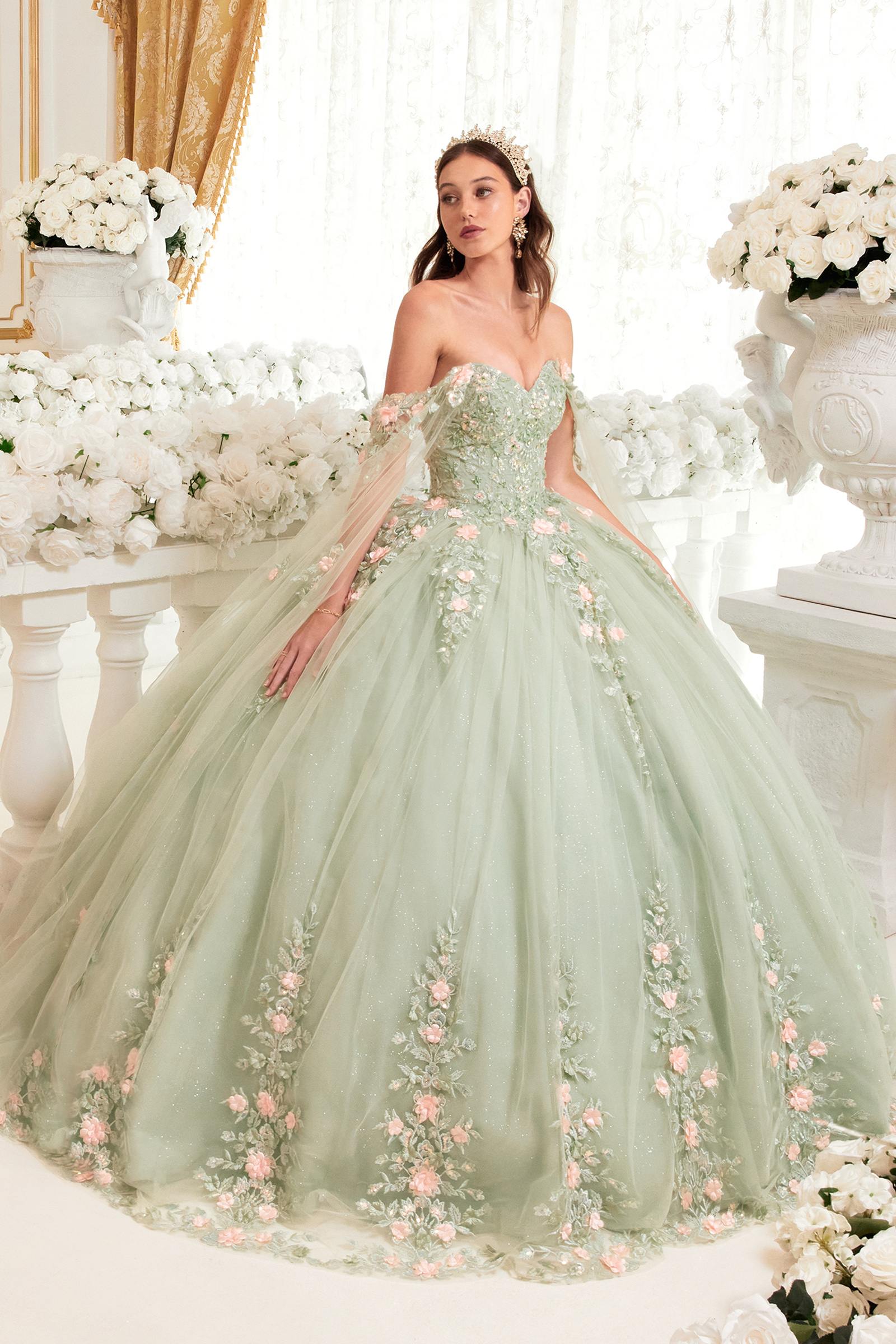 Green off-shoulder A-line ballgown with floral lace appliqué and tulle sleeves