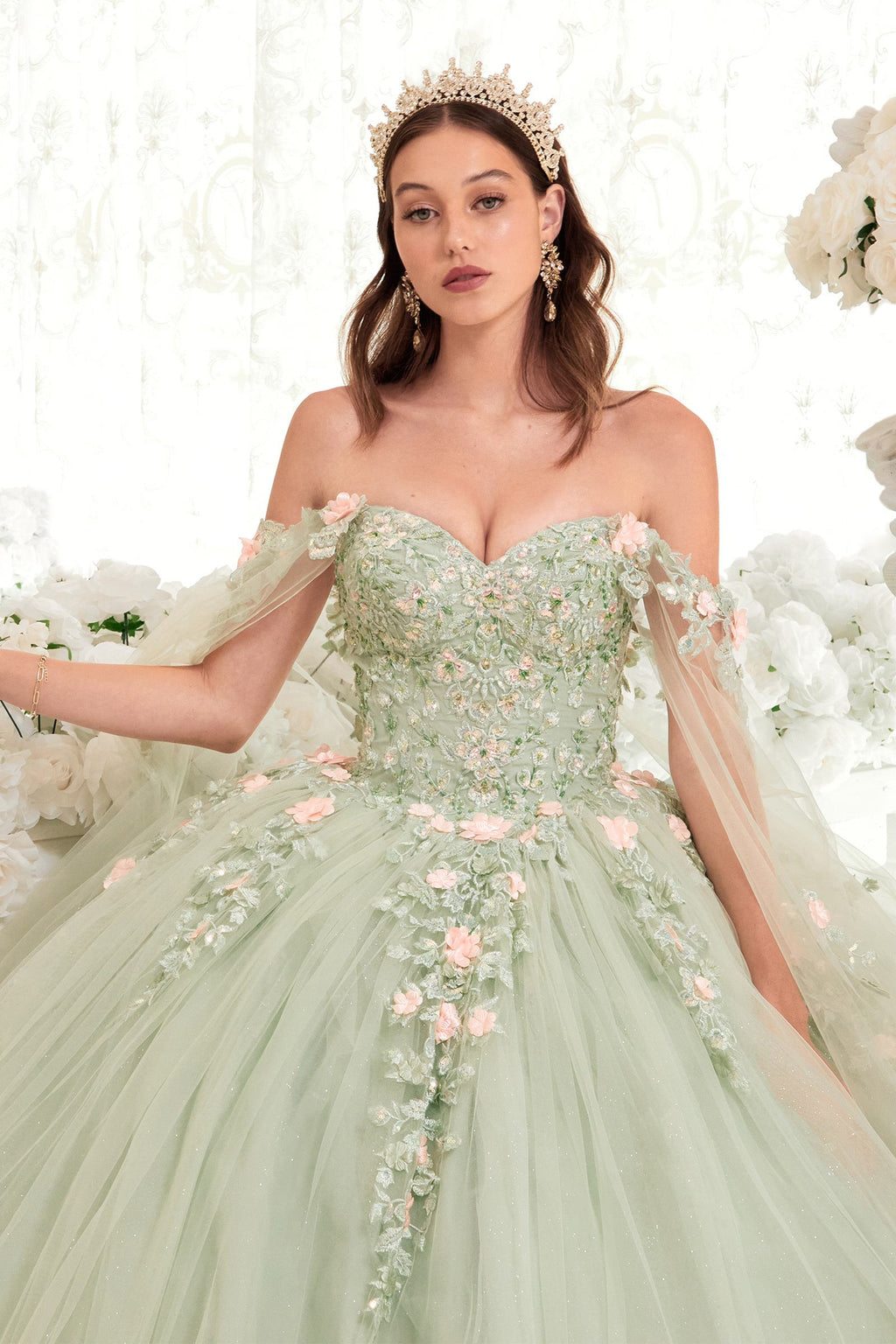 Sage green corset-style bodice with off-shoulder neckline, floral lace and sheer sleeves