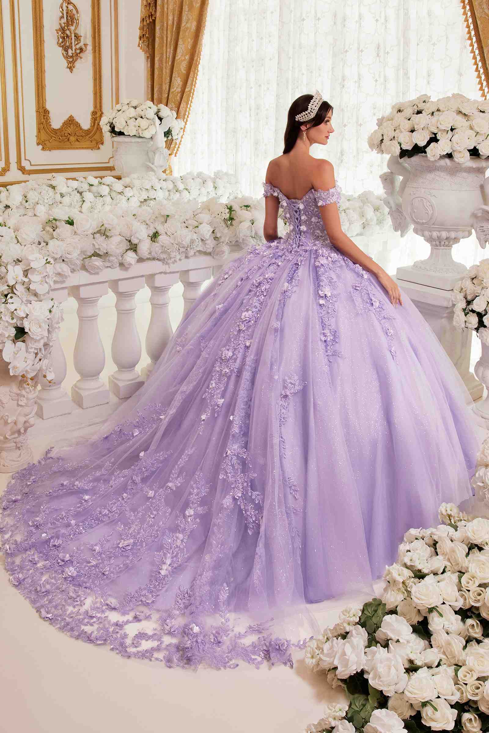 Lavender off-shoulder gown with 3D floral appliques, full tulle skirt, side view