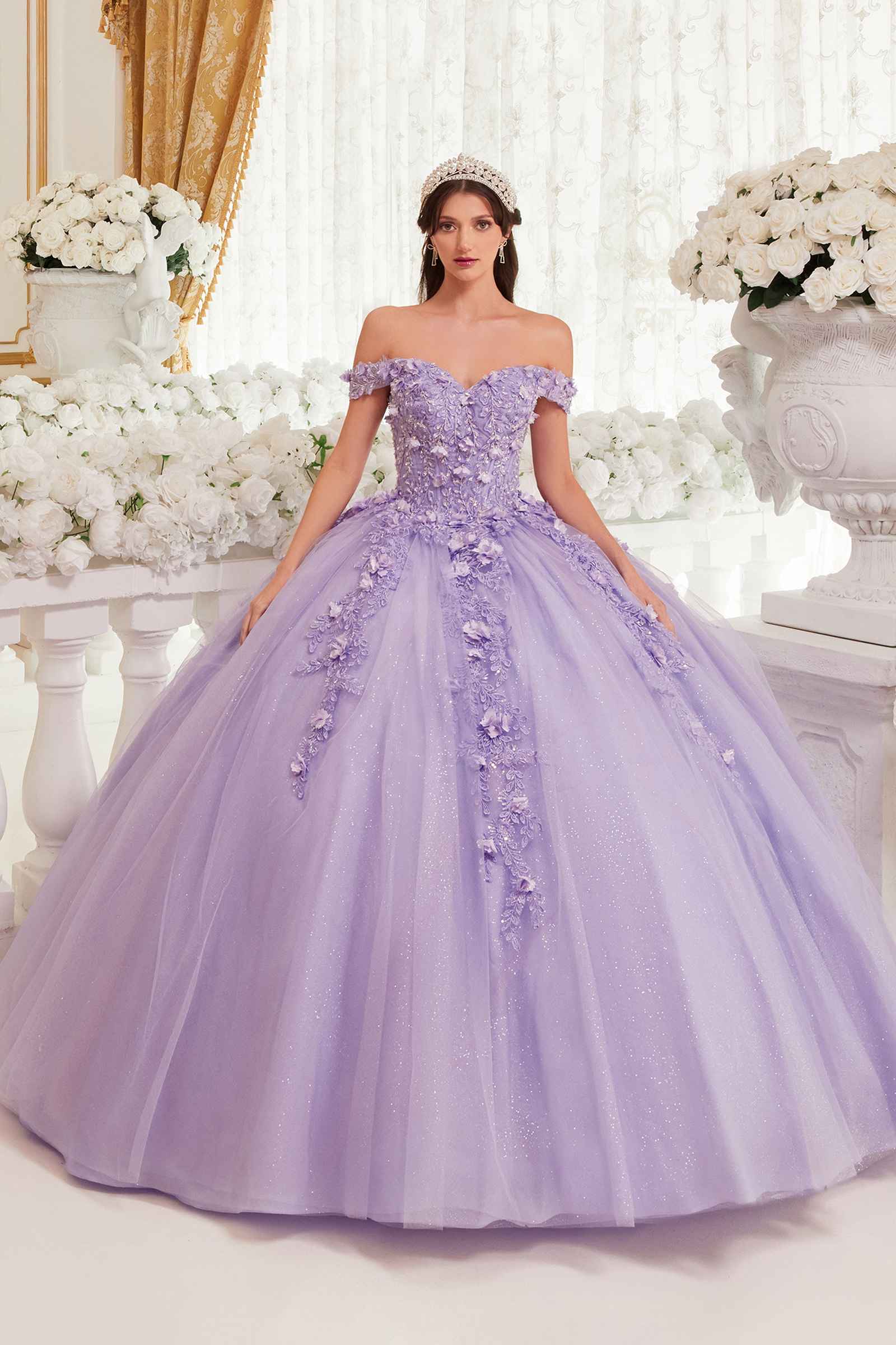 Lavender off-shoulder gown with 3D floral appliques and full tulle skirt