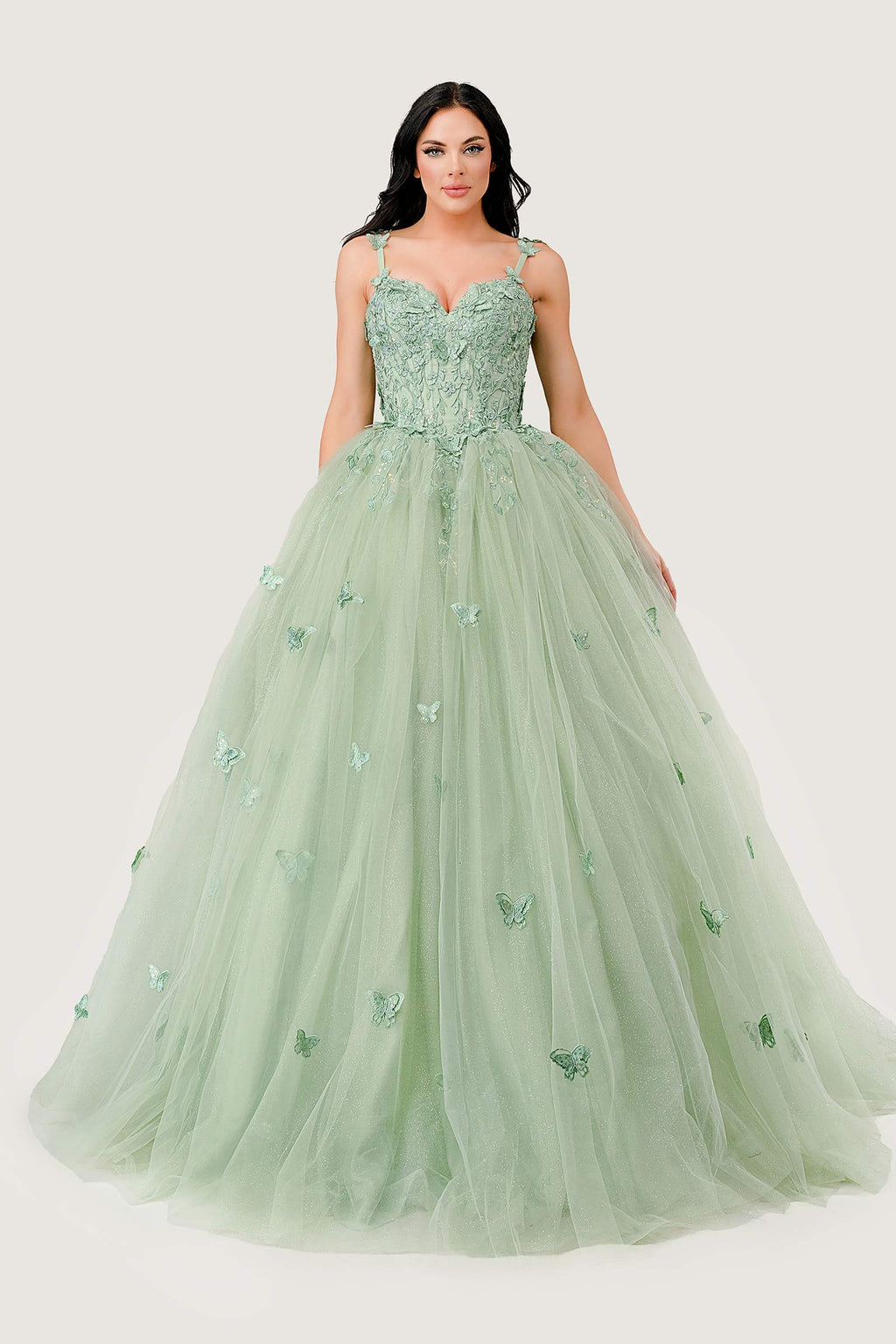 Sage green embroidered tulle ball gown with sweetheart bodice and scattered floral appliques