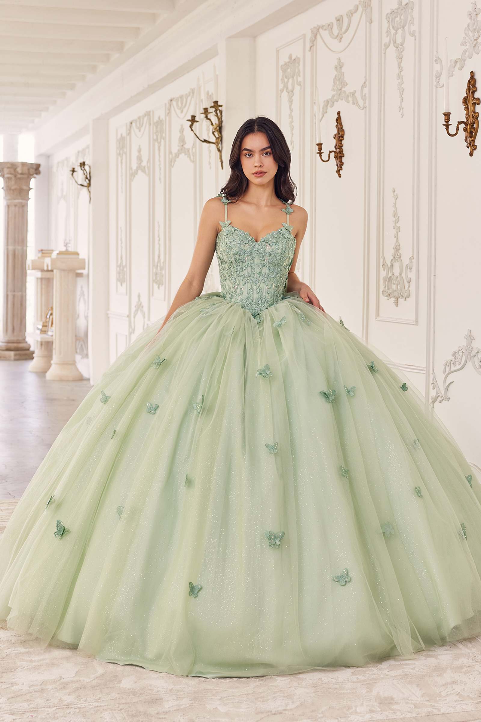 Sage green tulle ball gown with 3D floral appliques and layered princess skirt