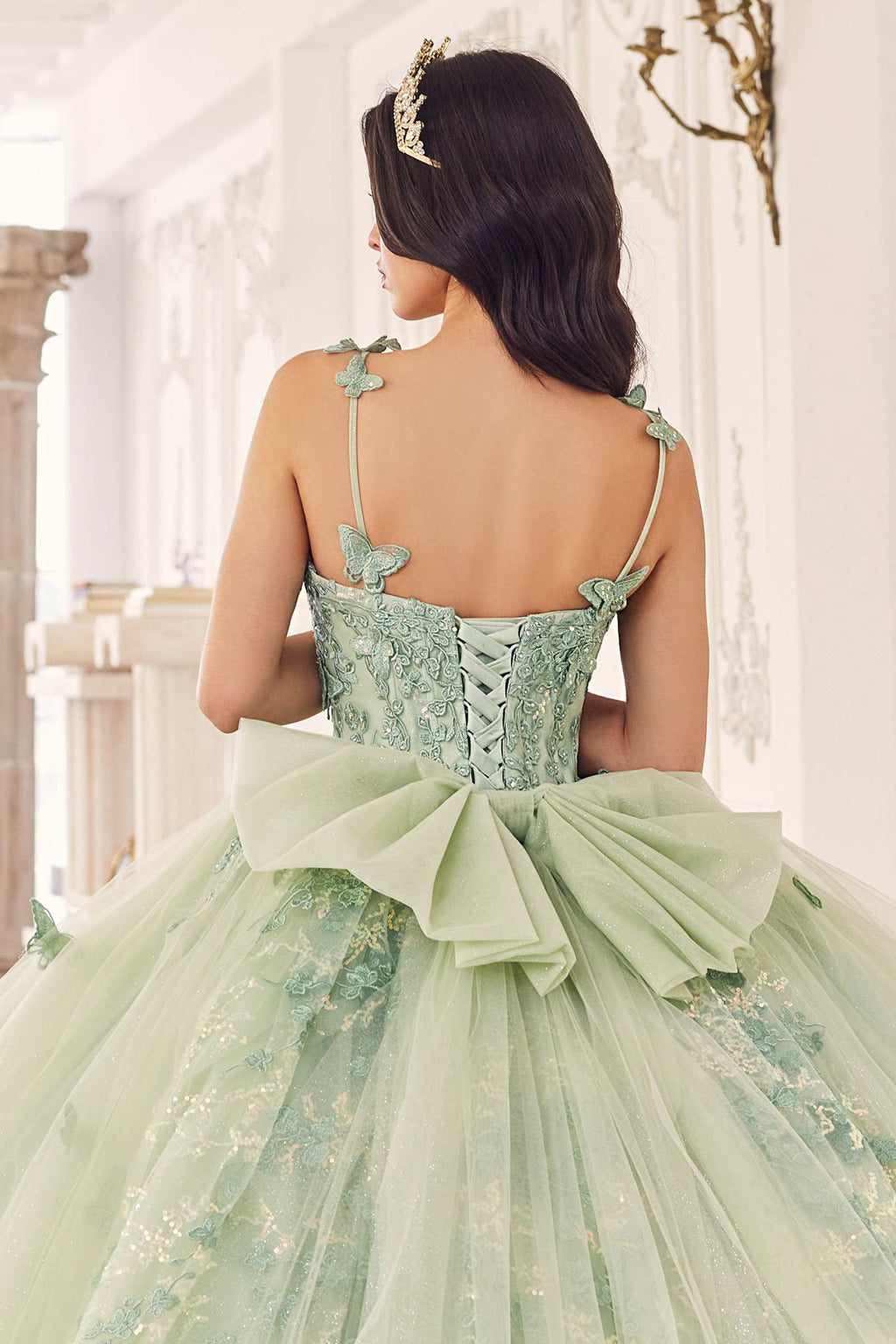 Sage green embroidered back corset bodice with 3D floral appliques and tulle bow