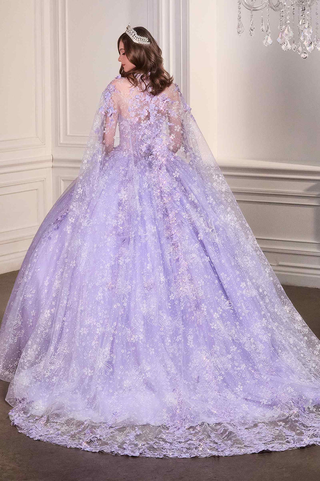 Back view long poofy quinceañera gown with lavender tulle cape and full layered skirt