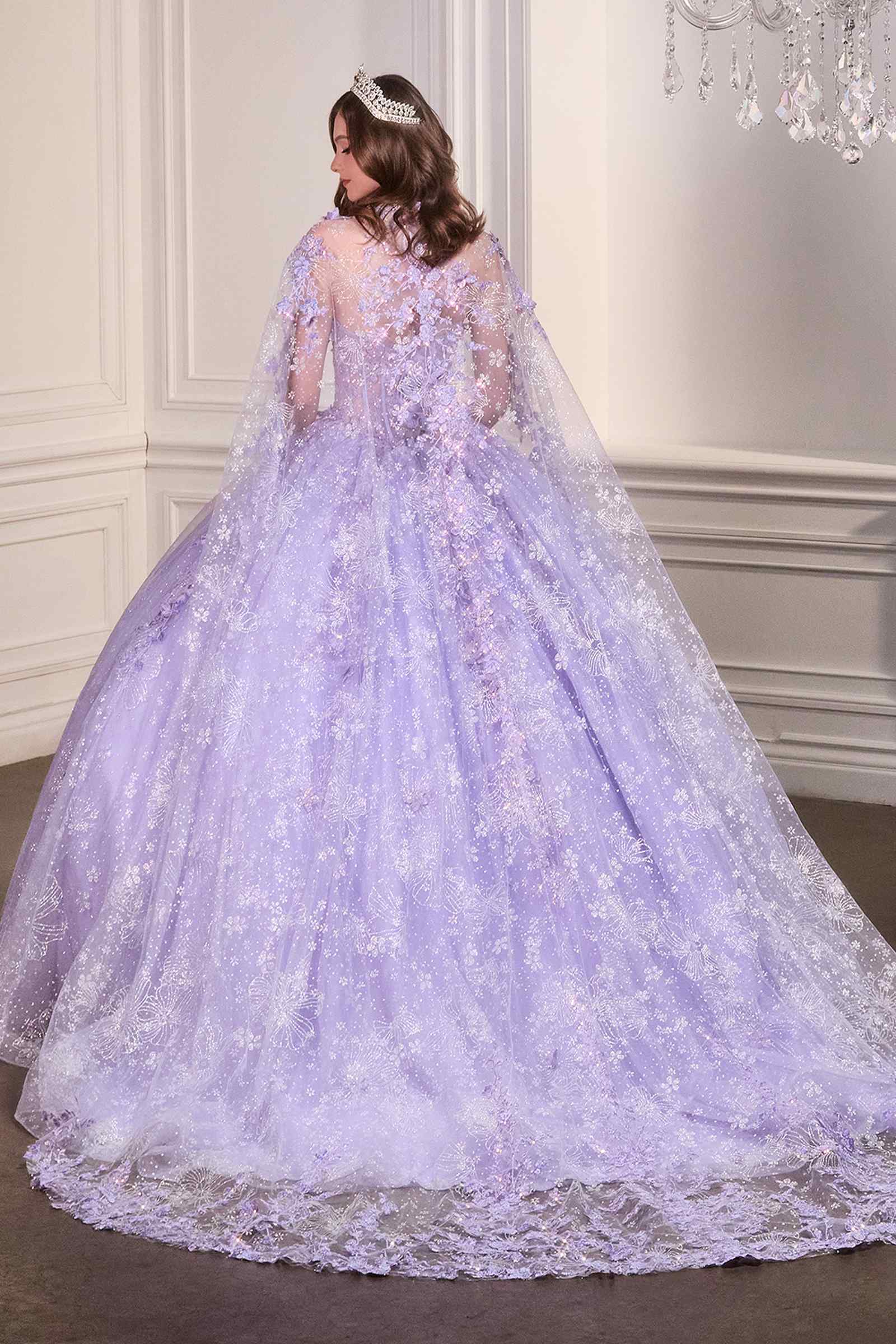 Back view long poofy quinceañera gown with lavender tulle cape and full layered skirt