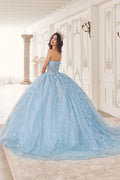 Long poofy quinceañera gown in light blue with sweetheart neckline and full embroidered skirt