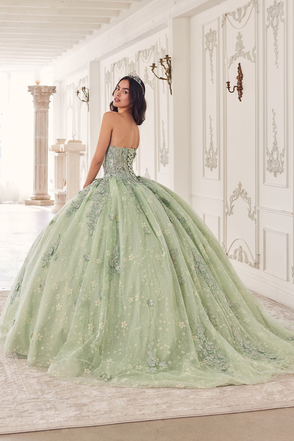 Sage green long A-line quinceanera dress with off-shoulder puff sleeves and tulle skirt