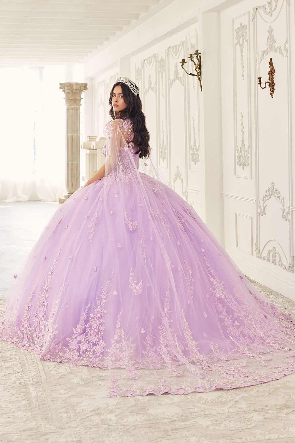 Lilac quinceanera A-line gown with beaded bodice and sheer tulle overlay
