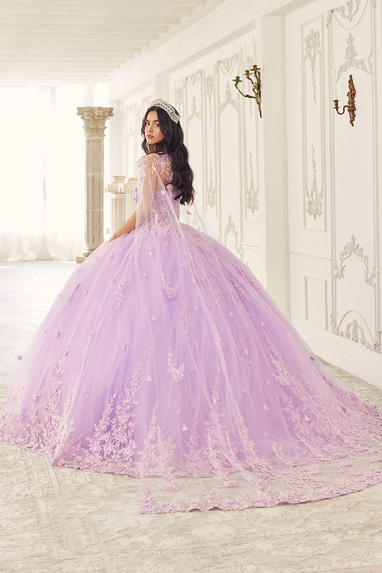 Lilac quinceanera A-line gown with beaded bodice and sheer tulle overlay