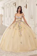 Champagne quinceanera ball gown with off-shoulder neckline and floral appliqué details