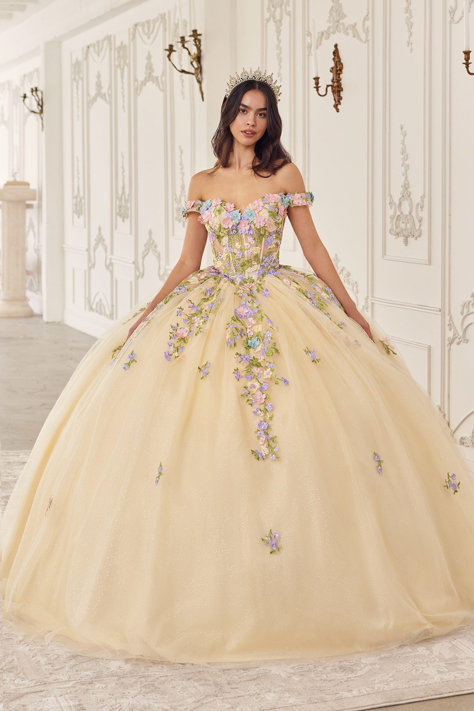 Champagne quinceanera ball gown with off-shoulder neckline and floral appliqué details