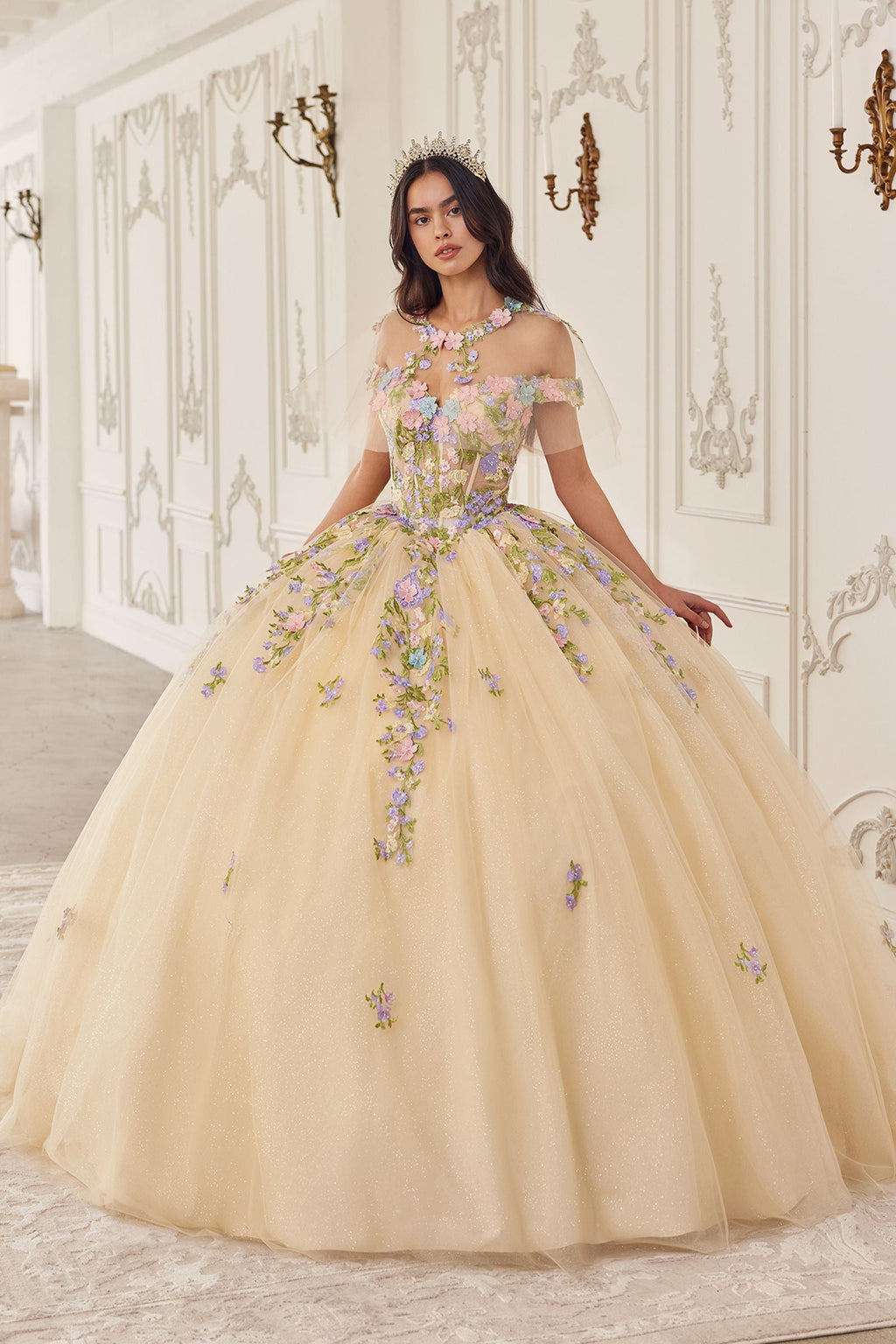 Champagne off-shoulder ball gown with floral appliqué bodice and full tulle skirt