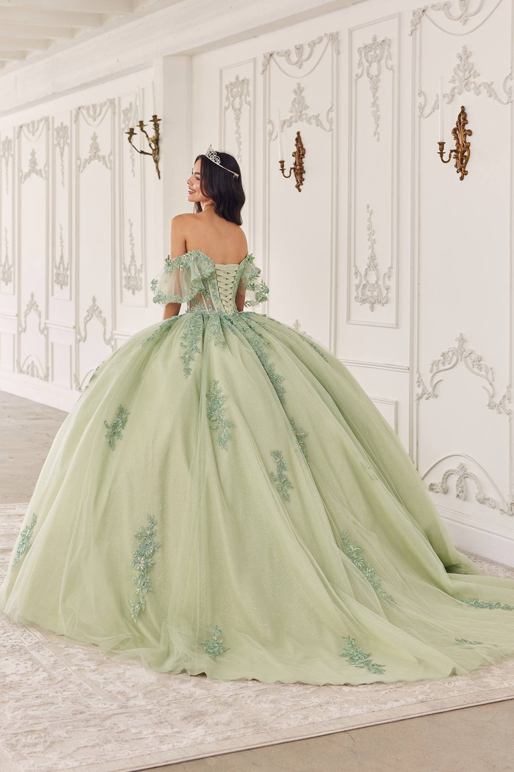 Sage green off-shoulder quinceanera gown, embroidered back, full flowing skirt